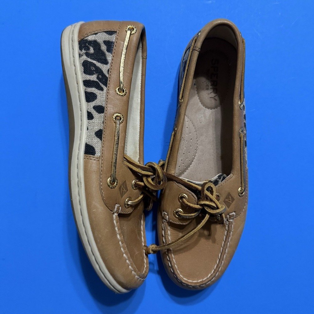 Sperry Top Sider Boat Shoes Women Leather Leopard Print Accent Size 7